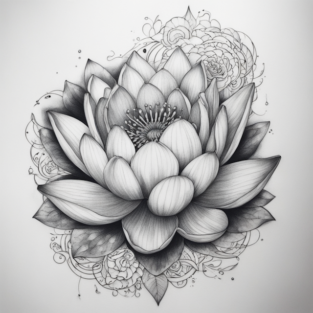 Black and Grey Tattoo Style,Water lily, Rose, fine line, space