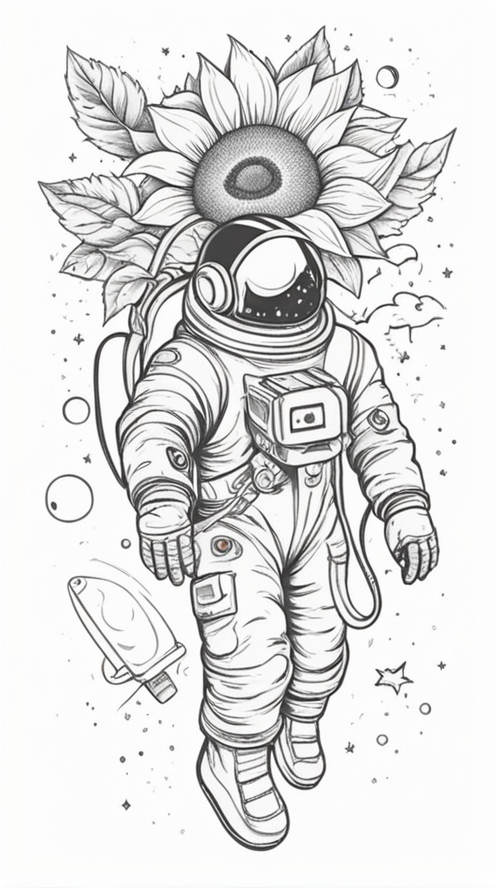 Old School Tattoo Style,an astronaut floating in space, holding a sunflower and looking at it  