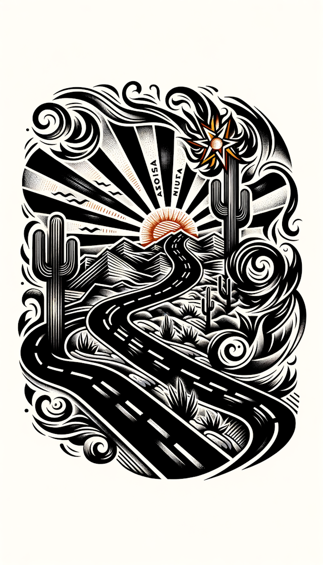 Winding black pavement desert road, hot pavement, arizona flag rising sun, traditional style, with a tribal element