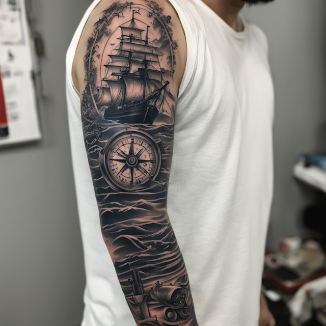 Irezumi Tattoo Style,Railroad tracks navy anchor, ship, compass full sleeve of right arm
 