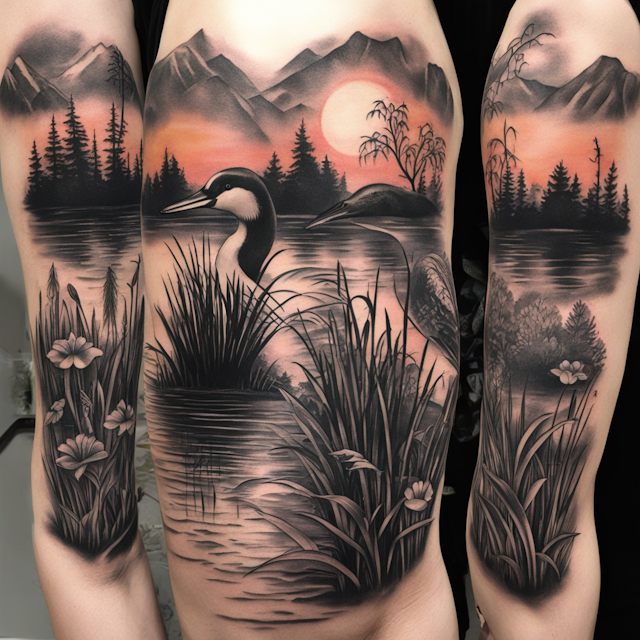 Black and Grey Tattoo Style,A nature sleeve with loon, rivers, cattails, Lilly pads, sunset, lake, weeping willow tree 