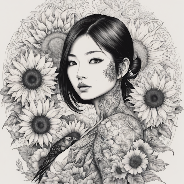 Irezumi Tattoo Style,young and feminine japanese woman face, crow, full sleeve tattoo, sunflower