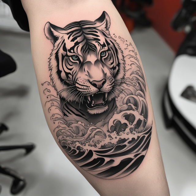 Black and Grey Tattoo Style,Tiger in a cage in the foreground. A black dog in the background. Make the filling waves. A surfboard pulling the cage up to the surface 