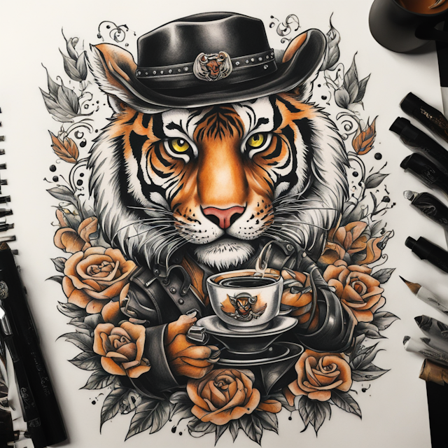 "New School Tattoo Style,army tiger wearing black cowboy hat drinking coffee"