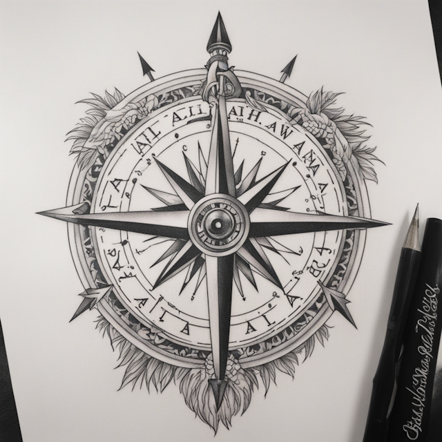 Black and Grey Tattoo Style,Compass with Aaliyah name with an arrow