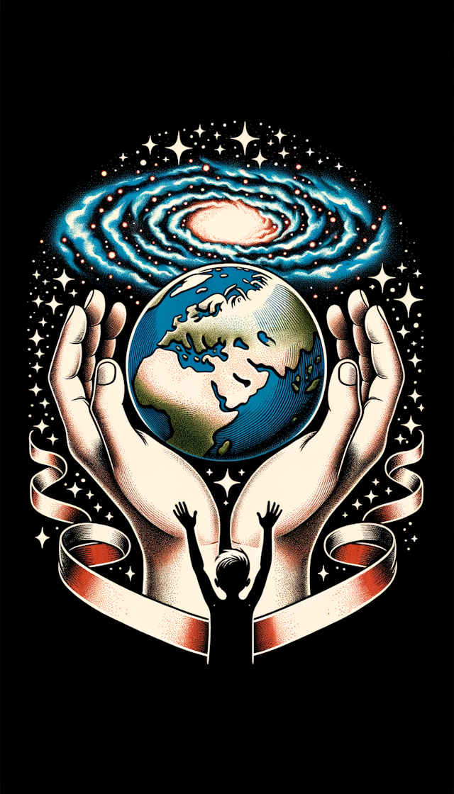 An inspirational scene depicting hands cradling the Earth with vast space in the background. On the Milky Way sits a child, pointing towards Earth with wonder and hope, symbolizing the limitless possibilities and potential of our world shoulder and on the earth the words “the world is yours” is around the earth like a ribbon in the colour red