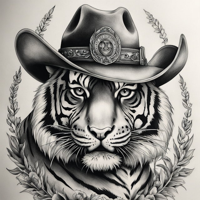 "Black and Grey Tattoo Style,army tiger wearing cowboy hat"