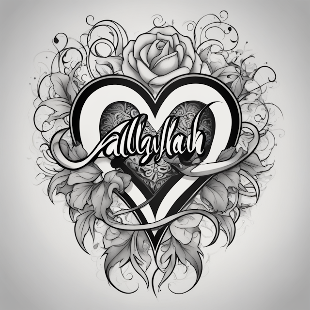 Neo Traditional Tattoo Style,Black and Grey Tattoo name Aaliyah with heartbeat and birthday