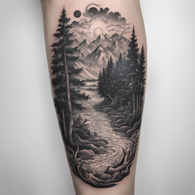 "Black and Grey Tattoo Style,Tattoo of a river surrounded by woods, with God peering from above"