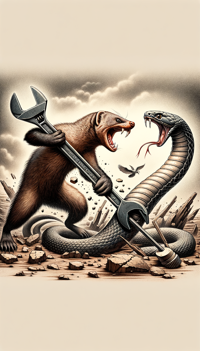 Mongoose with pipewrench fighting snake