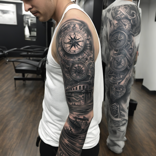 Black and Grey Tattoo Style,Railroad tracks, anchor, compass full sleeve 