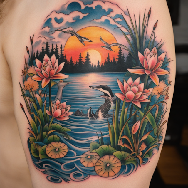 Old School Tattoo Style,A nature sleeve with loons, rivers, cattails, Lilly pads, sunset, lake 