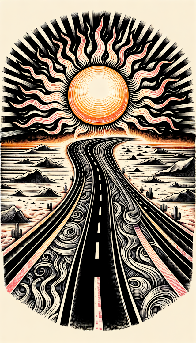 Black pavement desert road, hot pavement, arizona rising sun, old school cartoon