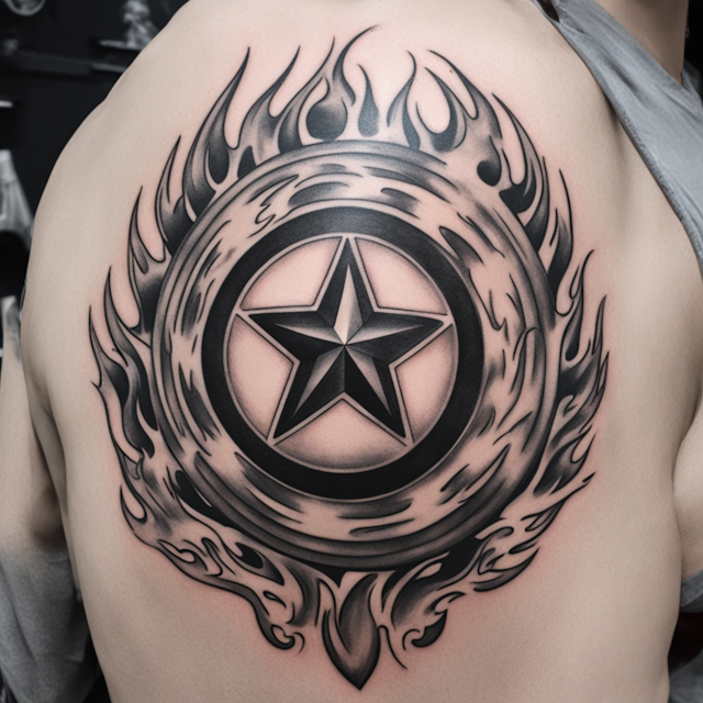 Black and Grey Tattoo Style,captain america shield surrounded by flames 