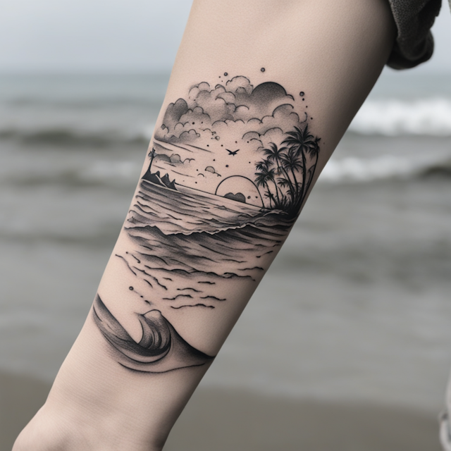 Black and Grey Tattoo Style,Wrist wrap ocean tattoo with beach 