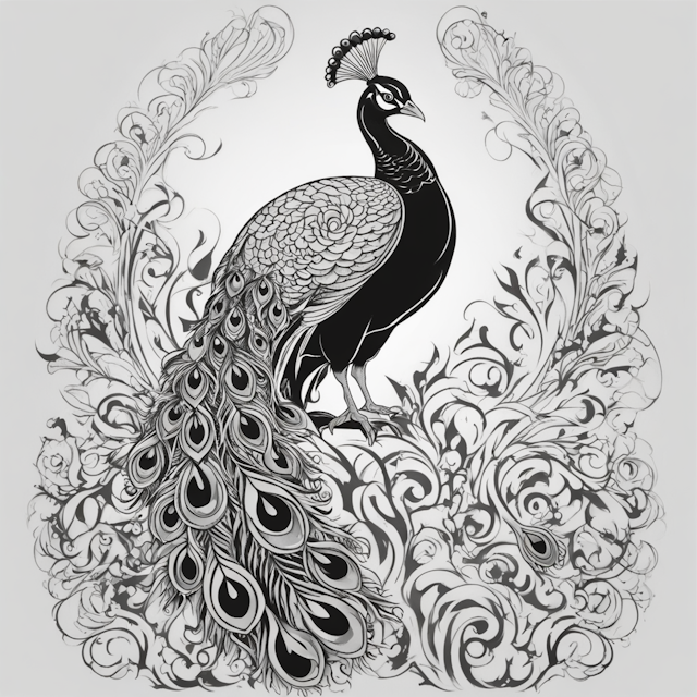 Black and Grey Tattoo Style,peacock design,like danny trejo tattoo,a symbol of purity, of fidelity,no body,pure background