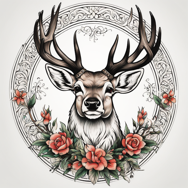 "Neo Traditional Tattoo Style,deer design, white background"