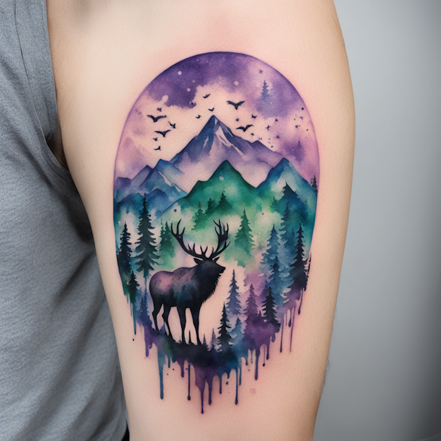 Watercolor Tattoo Style,Dark colors of green, blue, and purple mountain and forest with elk, bear, fox