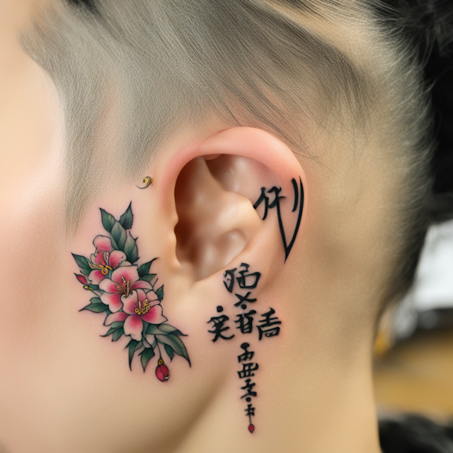 Neo Traditional Tattoo Style,Aaliyah name tattoo in Chinese behind ear