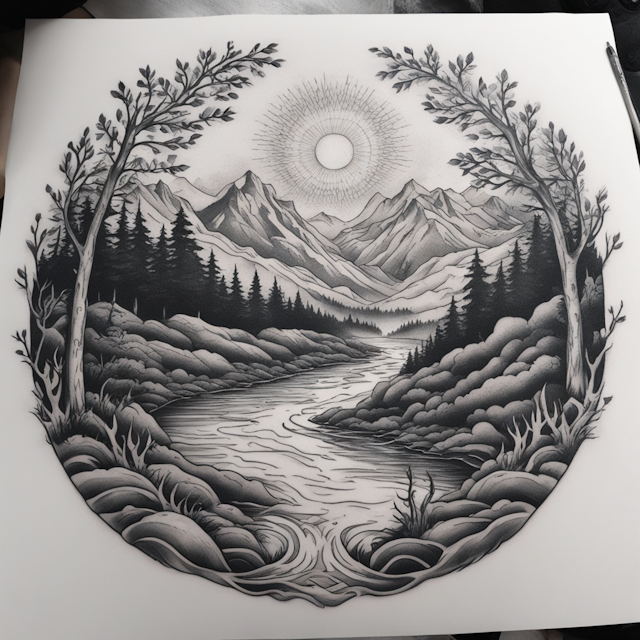 "Black and Grey Tattoo Style,Tattoo of a river surrounded by woods, with God peering from above"