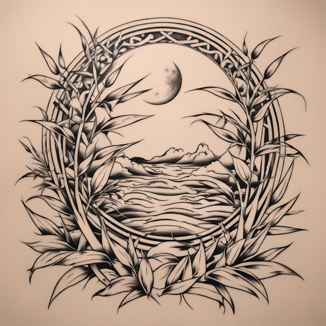 Neo Traditional Tattoo Style,moon through bamboo leaves