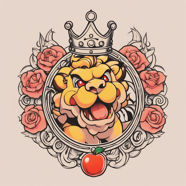 Neo Traditional Tattoo Style,Triskelion of bowser's collar and princess peach's crown in the shape of a bdsm symbol