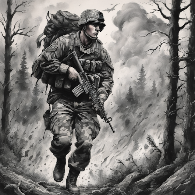 "Black and Grey Tattoo Style,Army soldier in the woods with a storm raging from above "