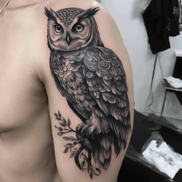 Black and Grey Tattoo Style,owl on shoulder 