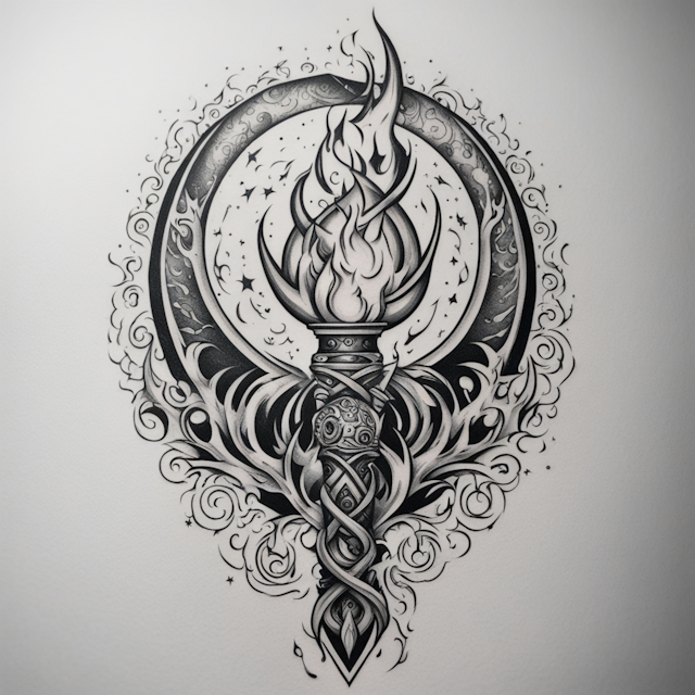 Black and Grey Tattoo Style,long flaming torch with pointed tip going straight through triple moon symbol