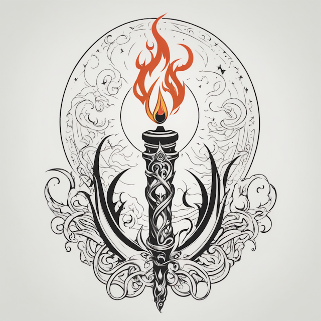 Irezumi Tattoo Style,long flaming torch with a pointed tip piercing through triple moon symbol, minimal