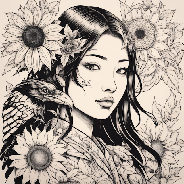 Neo Traditional Tattoo Style,young and feminine japanese woman face, crow, amazons, sunflower