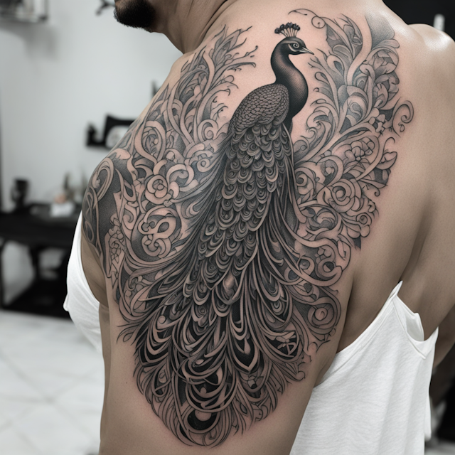 Black and Grey Tattoo Style,peacock design,like danny trejo tattoo,a symbol of purity, of fidelity