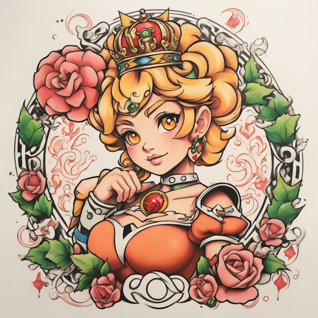 Neo Traditional Tattoo Style,Triskelion of bowser's collar and princess peach's crown 