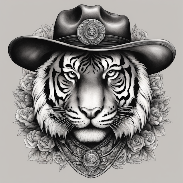 "Black and Grey Tattoo Style,army tiger wearing black cowboy hat"