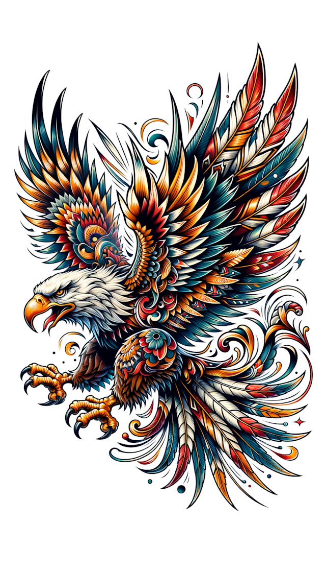 Neo Traditional tattoo style, eagle, white background