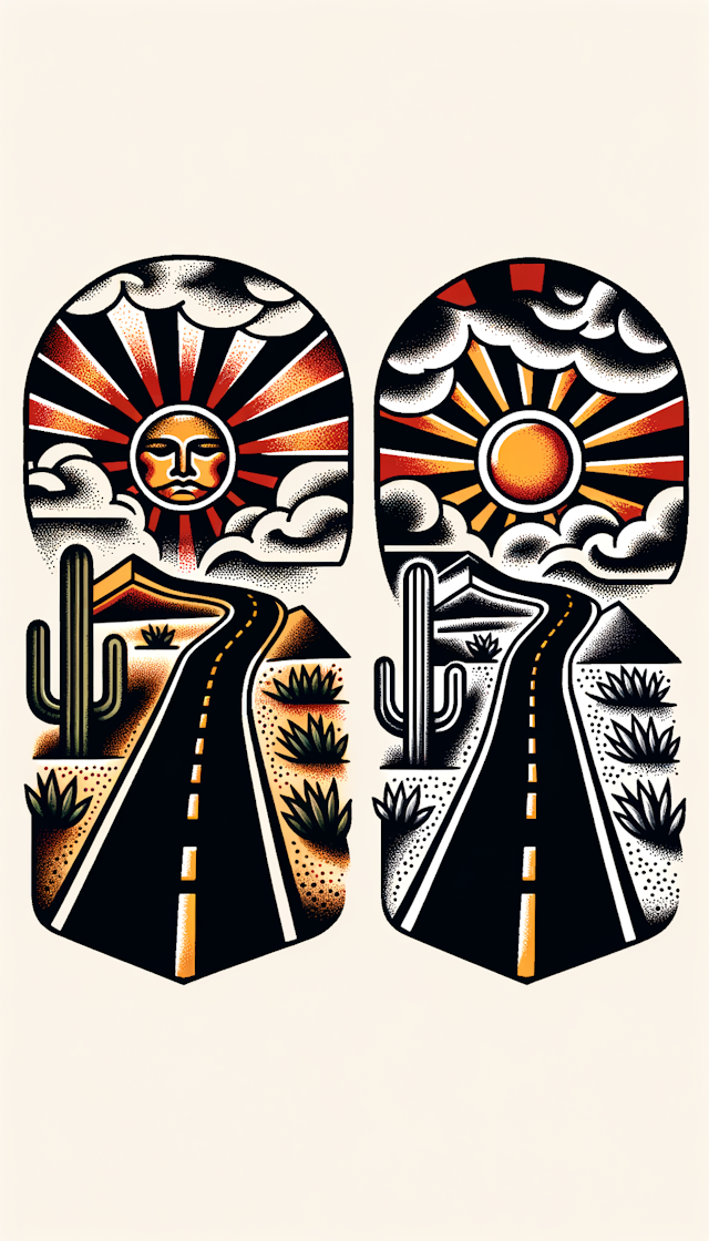 Black pavement desert road, hot pavement, arizona flag rising sun, traditional style,  I wo,  tall and skinny design