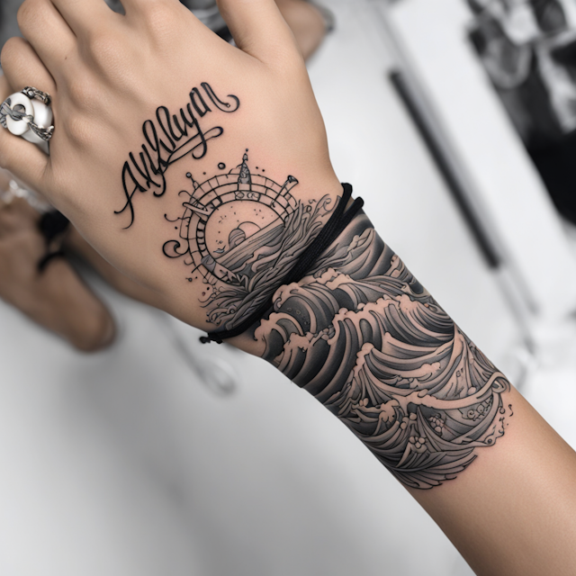 Neo Traditional Tattoo Style,Black and Grey Tattoo Style,Wrist wrap ocean tattoo with beach With name Aaliyah