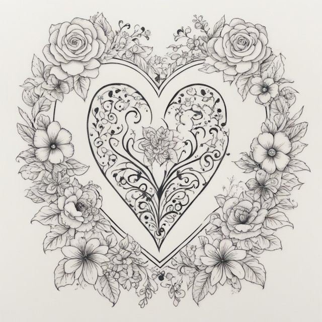 Black and Grey Tattoo Style,6 hearts in a row surrounded by whimsical flowers