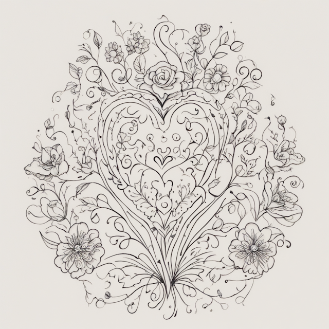 Line Tattoo Style,6 hearts in a row surrounded by whimsical flowers and lines