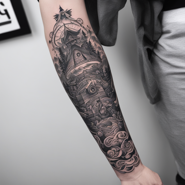 Black and Grey Tattoo Style,Gravity Falls sleeve