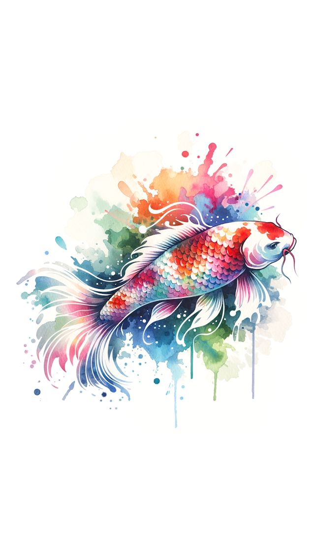 Watercolor Style Tattoo, koi carp design, brush dabbled in watery pastels, white background, clean background，no people