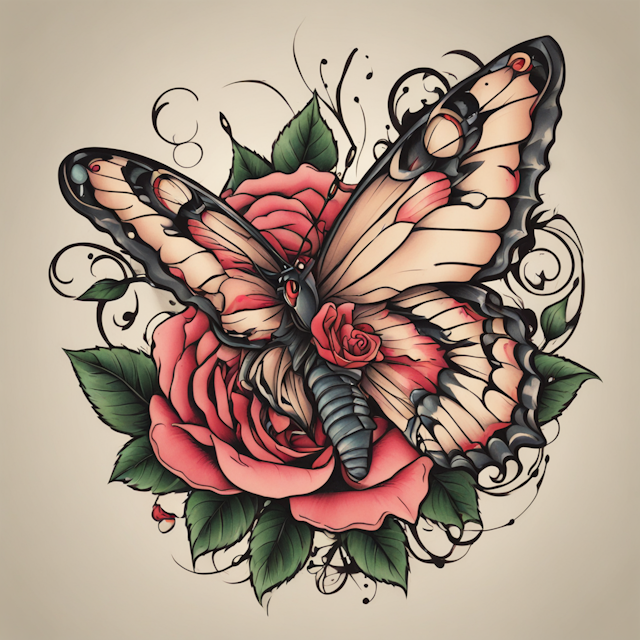 Neo Traditional Tattoo Style,Butterfly on a rose