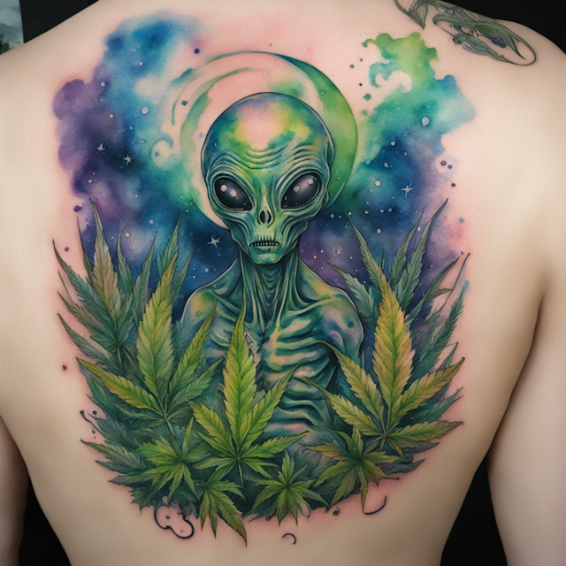 Watercolor Tattoo Style,alien in a marijuana field smoking marijuana

