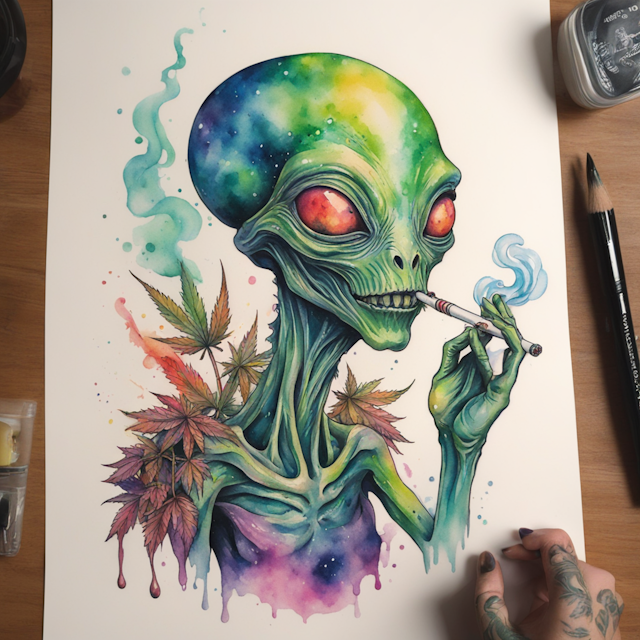 Watercolor Tattoo Style,jovial
 alien smoking marijuana

