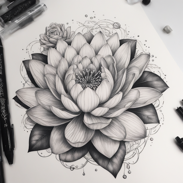 Black and Grey Tattoo Style,Water lily, Rose, fine line, space