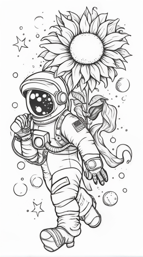 New School Tattoo Style,an astronaut floating in space, holding a sunflower and looking at it  