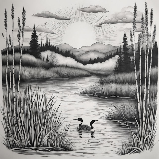 Black and Grey Tattoo Style,I grew up on a river convergence in Minnesota. Lots of loons and cattails. Willow trees sunsets  sleeve 