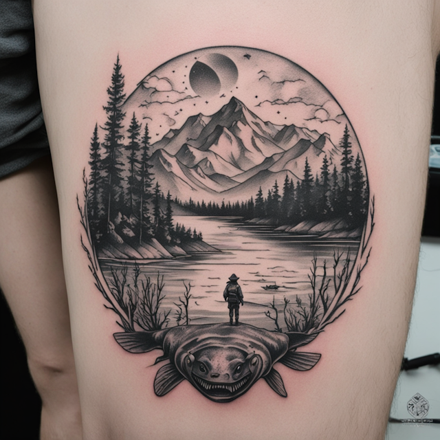 "Black and Grey Tattoo Style,Cyber inspired tattoo of the Wilderness and a lake with a fisherman"