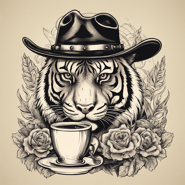 "Old School Tattoo Style,army tiger wearing black cowboy hat drinking coffee"