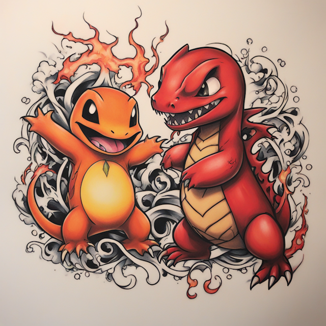 "New School Tattoo Style,Charmander and carnage"